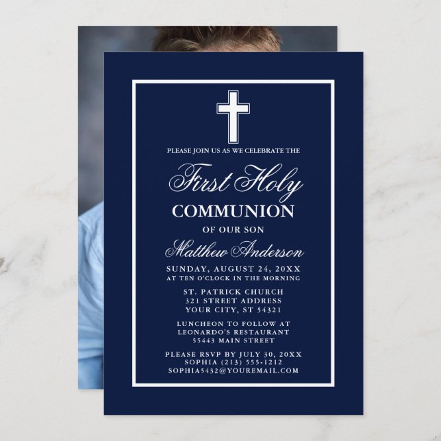 Navy Blue First Holy Communion Photo Invitation (Front/Back)