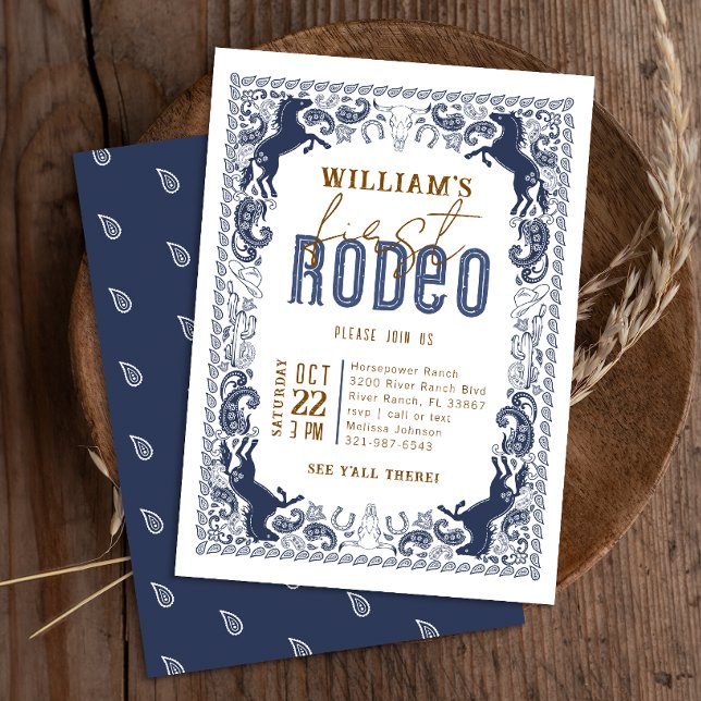 Navy Blue First Rodeo Birthday Western Invitation (Wild West Birthday Invite - Navy Blue)