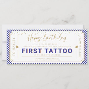 Navy Blue First Tattoo Birthday Gift Voucher Invitation