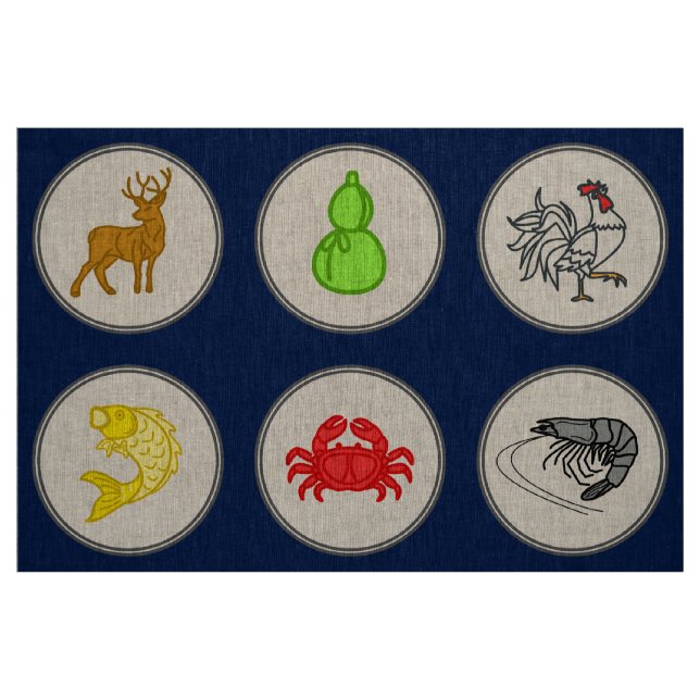 Navy Blue Fish Prawn Crab Linen Dice Game Mat Fabric (Fat Quarter)