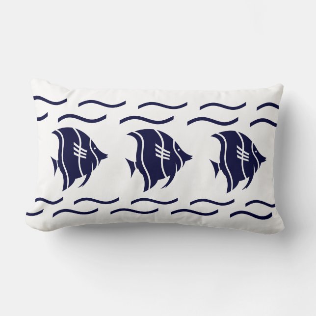 navy blue fish & waves on a white  PILLOW (Front)