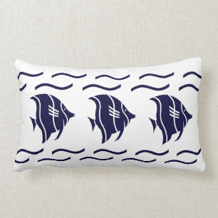 navy blue fish & waves on a white PILLOW