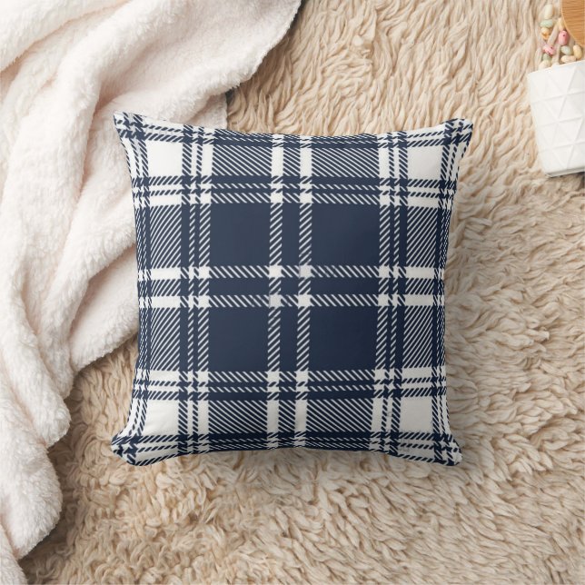 Navy Blue Flannel Plaid Throw Cushion (Blanket)