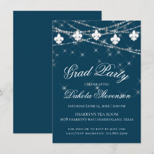 Navy Blue Fleur de Lis Fairy Light   Graduation Invitation