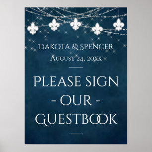 Navy Blue Fleur de Lis Fairy Light   Wedding Sign