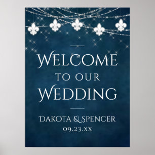 Navy Blue Fleur de Lis Fairy Light   Wedding Sign