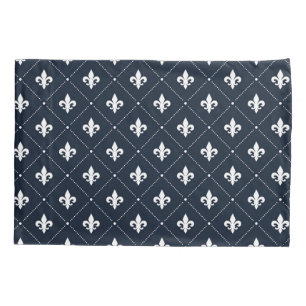 Navy Blue Fleur De Lis Luxury Damask Pattern Pillowcase