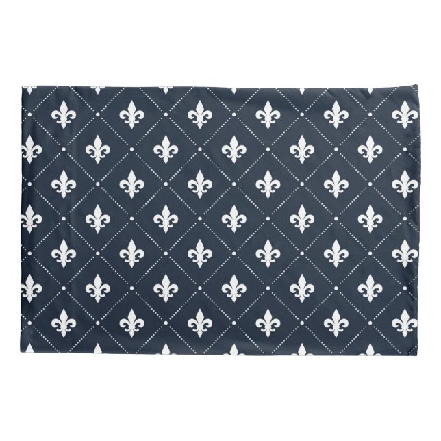 Navy Blue Fleur De Lis Luxury Damask Pattern Pillowcase (Back)