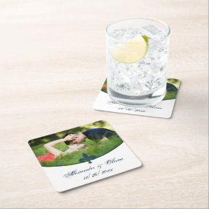 Navy Blue Fleur de Lis Photo Wedding Paper Coaster