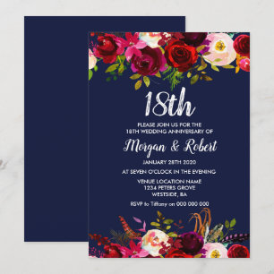 Navy Blue Floral 18th Wedding Anniversary Invite