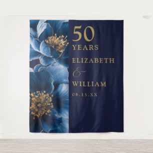 Navy Blue Floral 50th Anniversary Photo Backdrop Tapestry