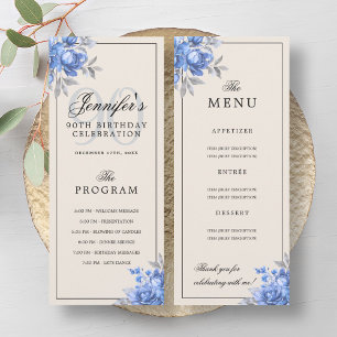 Navy Blue Floral 90th Birthday Party Program Menu