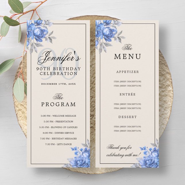 Navy Blue Floral 90th Birthday Party Program Menu  (Navy Blue Floral 90th Birthday Party Program Menu )