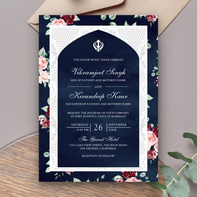 Navy Blue Floral Anand Karaj Punjabi Sikh Wedding Invitation (Creator Uploaded)