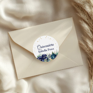 Navy Blue Floral and Gold Glitter Quinceanera Classic Round Sticker