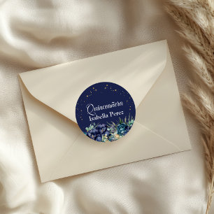 Navy Blue Floral and Gold Glitter Quinceanera Classic Round Sticker