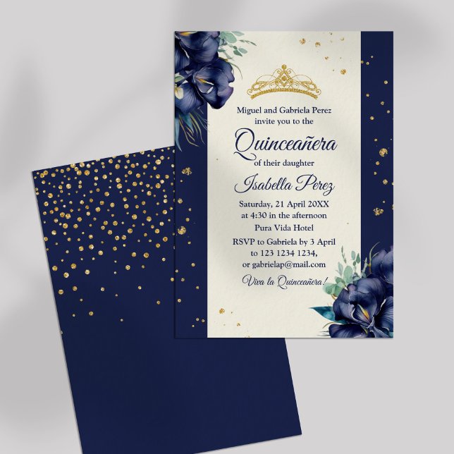  Navy Blue Floral and Gold Tiara Quinceanera Invitation (Navy Blue Floral and Gold Tiara Quinceanera Invitation on off-white background.)