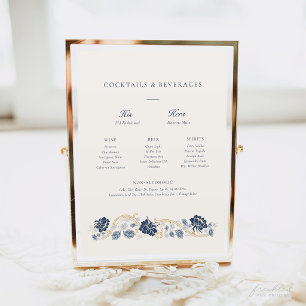 Navy Blue Floral Art Nouveau Bar Menu Sign