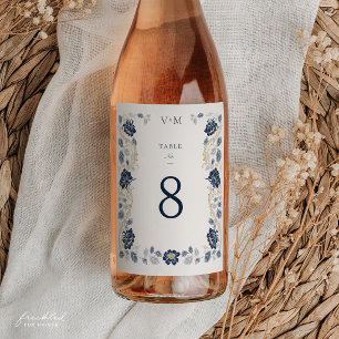 Navy Blue Floral Art Nouveau Wedding Table Number Wine Label