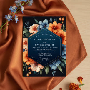 Navy Blue Floral Autumn Romance Wedding Invitation