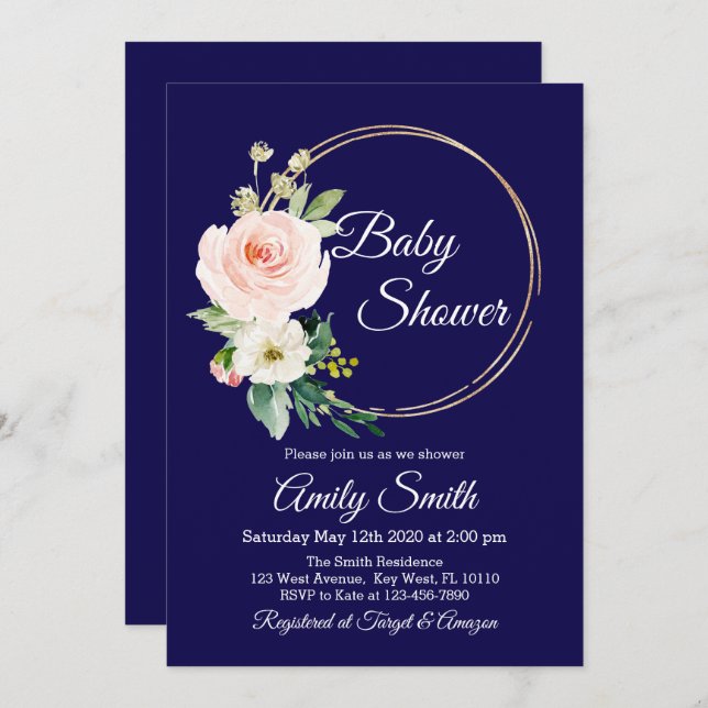 Navy Blue Floral Baby Shower Invintation Invitation (Front/Back)