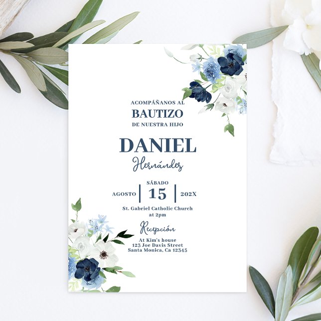 Navy Blue Floral Baptism Boy Spanish invitation (Creator Uploaded)