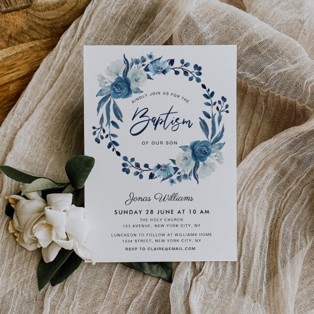 Navy blue floral Baptism invitation (Creator Uploaded)