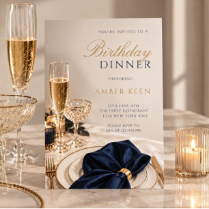 Navy Blue Floral Birthday Dinner Elegant Champagne Invitation