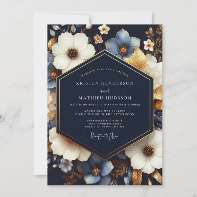 Navy Blue Floral Bloom Wedding Invitation (Front)