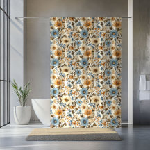 Navy Blue Floral Boho Terracotta Accent Curtain