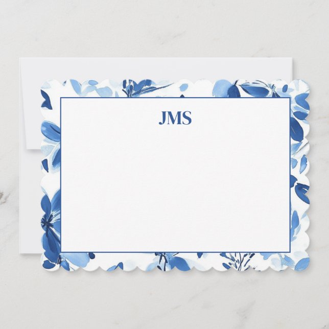 Navy Blue Floral Border Monogram Stationary Card (Front)