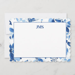 Navy Blue Floral Border Monogram Stationary Card