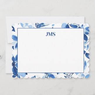 Navy Blue Floral Border Monogram Stationary Card