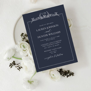 Navy Blue Floral Border Monogram Wedding Invitation