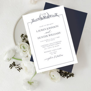 Navy Blue Floral Border Monogram Wedding Invitation