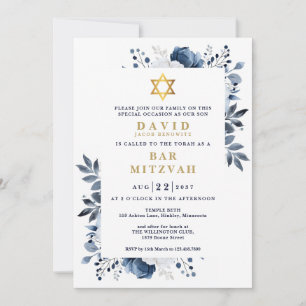 Navy Blue Floral Botanical Bar Mitzvah Bat Mitzvah Invitation