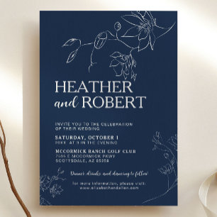 Navy Blue Floral Botanical Boho Simple Wedding Invitation