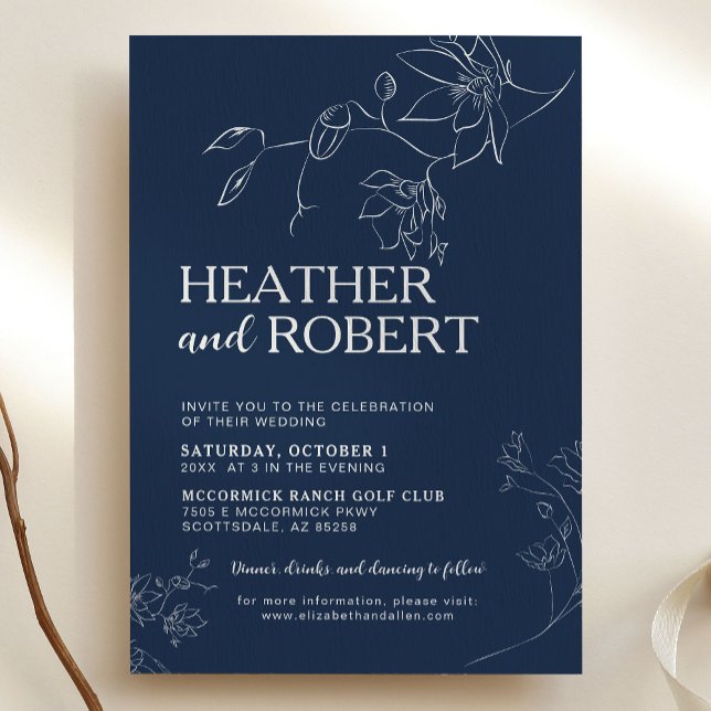 Navy Blue Floral Botanical Boho Simple Wedding Invitation (Creator Uploaded)