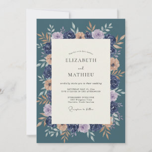 Navy Blue Floral Botanical Wedding Invitation