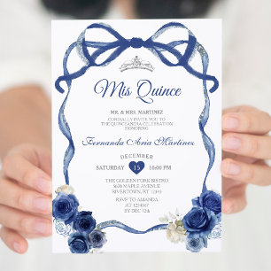 Navy Blue Floral Bow Frame Silver Crown Mis Quince Invitation