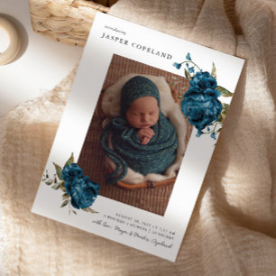 Navy Blue Floral Boy Baby Photo Birth Announcement