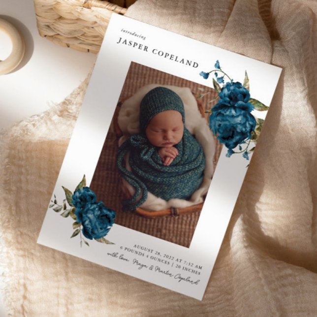 Navy Blue Floral Boy Baby Photo Birth Announcement (Creator Uploaded)