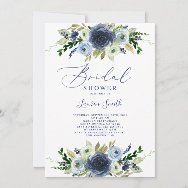 Navy Blue floral bridal shower Invitation (Front)