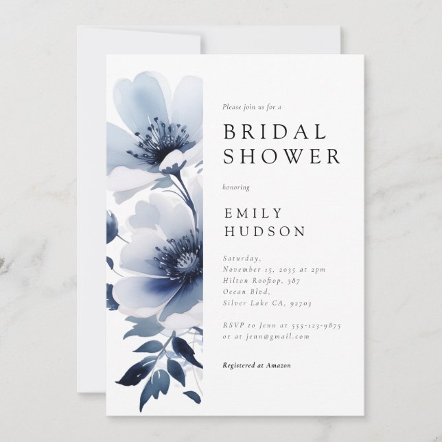 Navy Blue Floral Bridal Shower Invitation (Front)