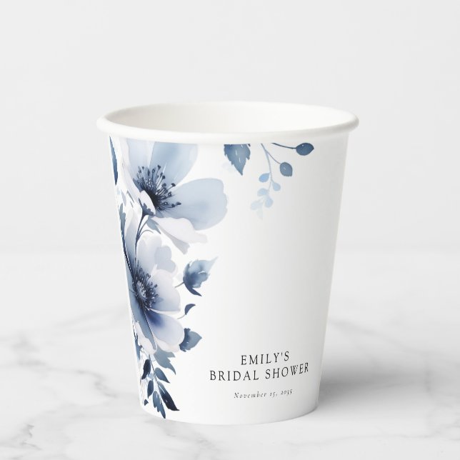 Navy Blue Floral Bridal Shower Paper Cups (Front)