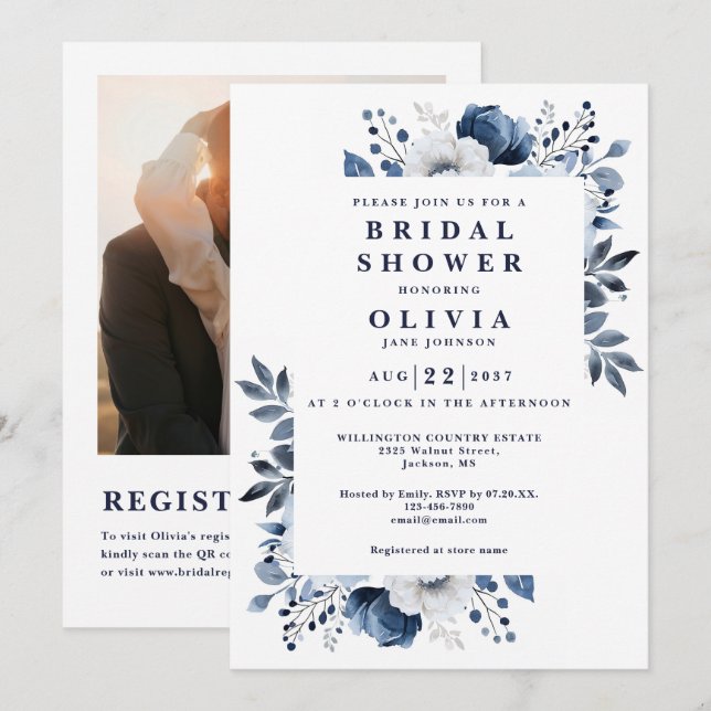 Navy Blue Floral Bridal Shower Photo QR Code Invitation (Front/Back)
