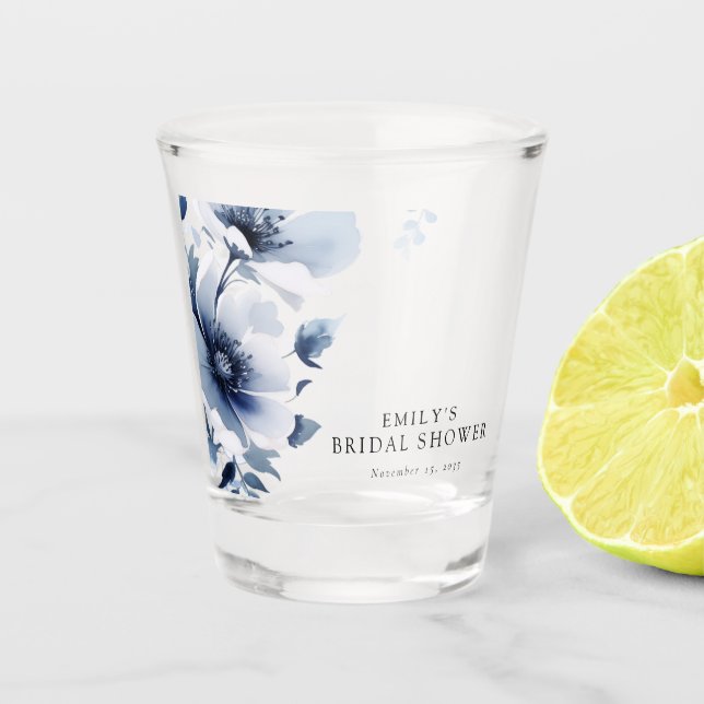 Navy Blue Floral Bridal Shower Shot Glass (Front)