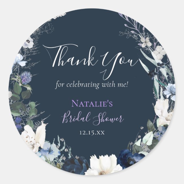 Navy Blue Floral Bridal Shower Thank You Classic Round Sticker (Front)