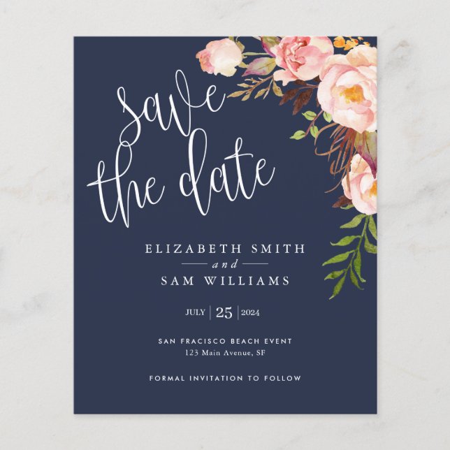 Navy Blue Floral Budget Save the date Invitation Flyer (Front)