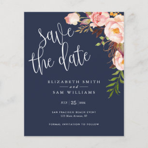 Navy Blue Floral Budget Save the date Invitation Flyer